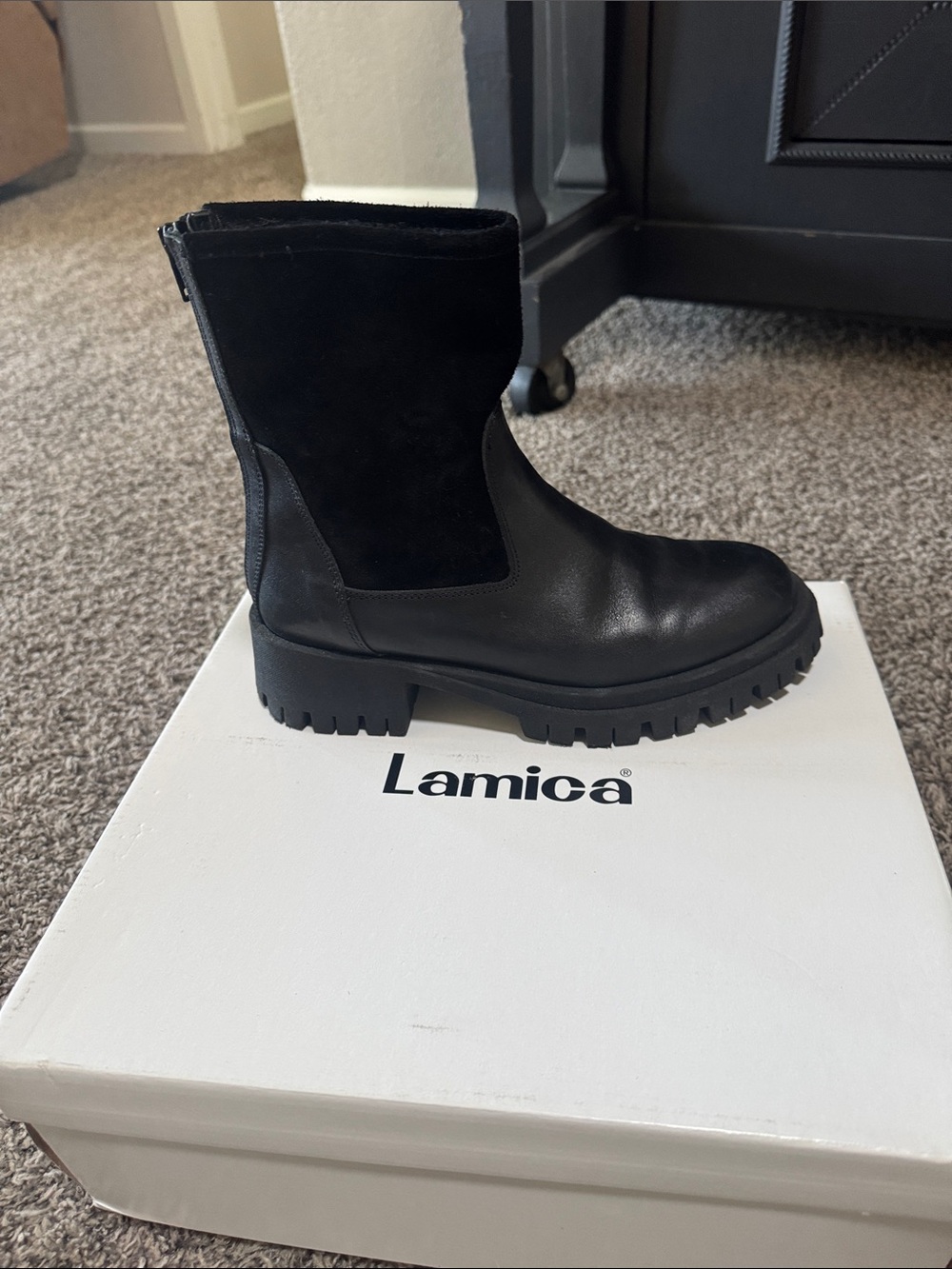 Black Leather & Suede Lug Ankle Boot